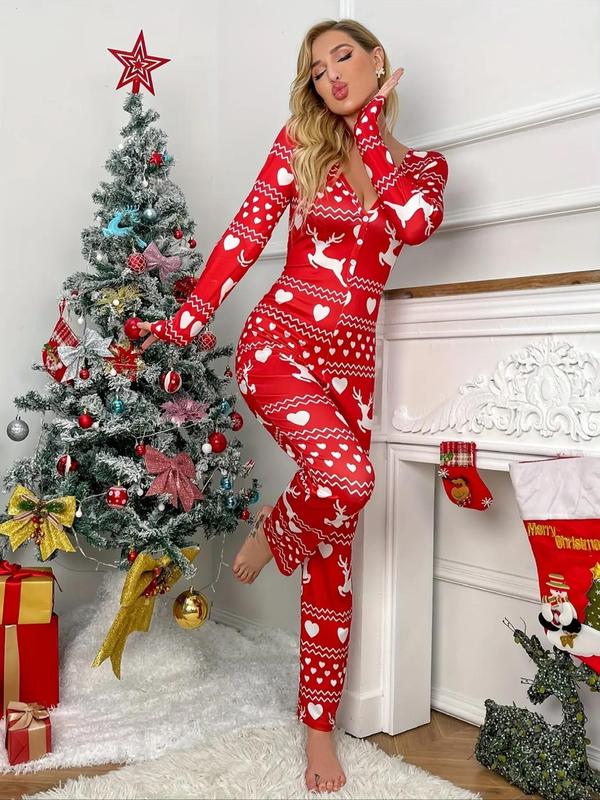 Women's Christmas Themed Print Button Front Lounge Jumpsuit, Casual Comfy Long Sleeve V Neck Jumpsuit, Ladies Sleepwear for Fall & Winter