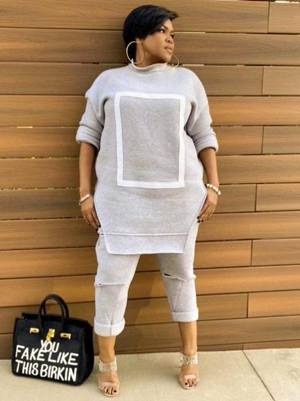 Two-Piece Set Women's Geometric Print Drop Shoulder Sweatshirt & Cut Out Pants, Casual Fashion Cozy Asymmetrical Hem Long Sleeve Pullover & Elastic Waist Pants for Daily Wear, Women's Two-piece Outfits for Fall & Winter