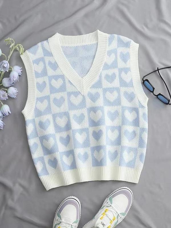 Women's Heart Print V Neck Sweater Vest, Casual Comfy Cozy Sleeveless Knit Top for Daily Outdoor Wear, Women Knitwear for Spring & Fall