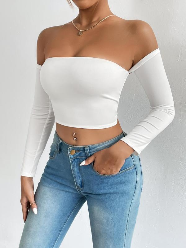 Women's Solid Off Shoulder Long Sleeve Crop Tee, Going Out Tops, Summer Clothes, Casual Tight Top for Spring & Fall, Clubbing Outfits, Lady Clothes for Daily Wear Downtown Girl Clothes