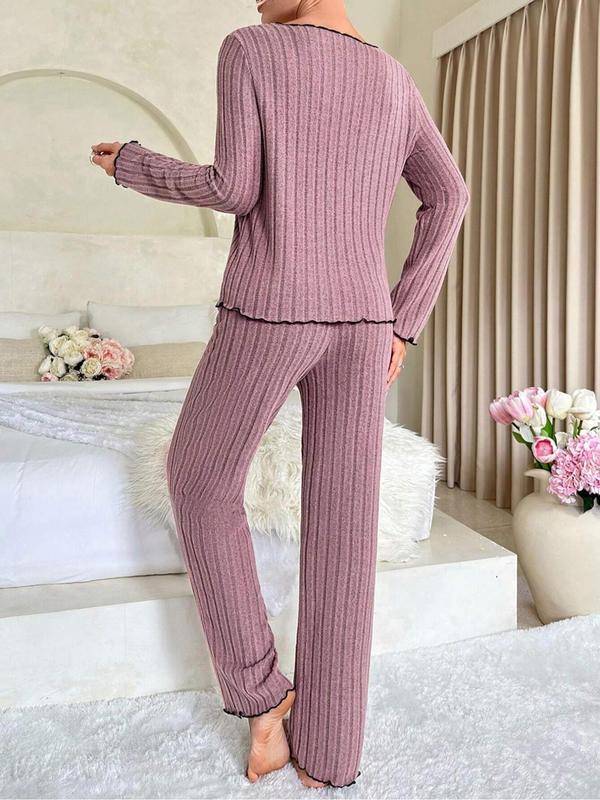 Two-Piece Set Women's Solid Lettuce Trim Ribbed Pajama Set, Casual Bow Decor Long Sleeve Top & Elastic Waist Pants PJ Set, Women's Sleepwear for Spring & Fall