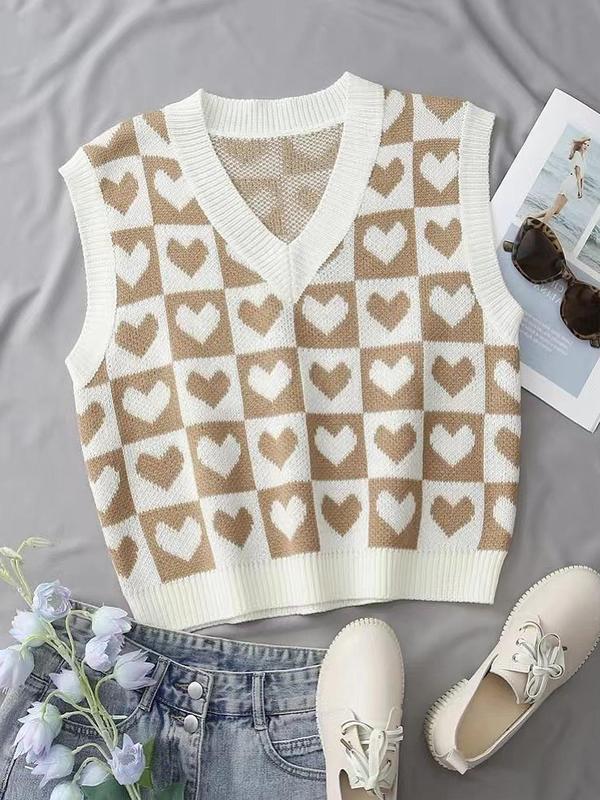 Women's Heart Print V Neck Sweater Vest, Casual Comfy Cozy Sleeveless Knit Top for Daily Outdoor Wear, Women Knitwear for Spring & Fall