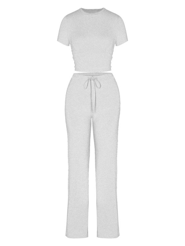 Women's Solid Color Ribbed Drawstring Waist Lounge Set, Casual Comfy Round Neck Crop Tee & Wide Leg Pants Loungewear Set,  Pajama Sets Women, Nightwear Sets, Ladies Sleepwear for All Seasons