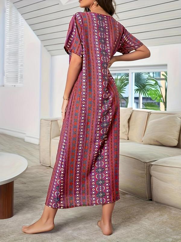 Women's Ethnic Pattern Round Neck Nightdress, Casual Comfy Short Sleeve Nightgown, Women Loungewear for Summer Daily Home Wear