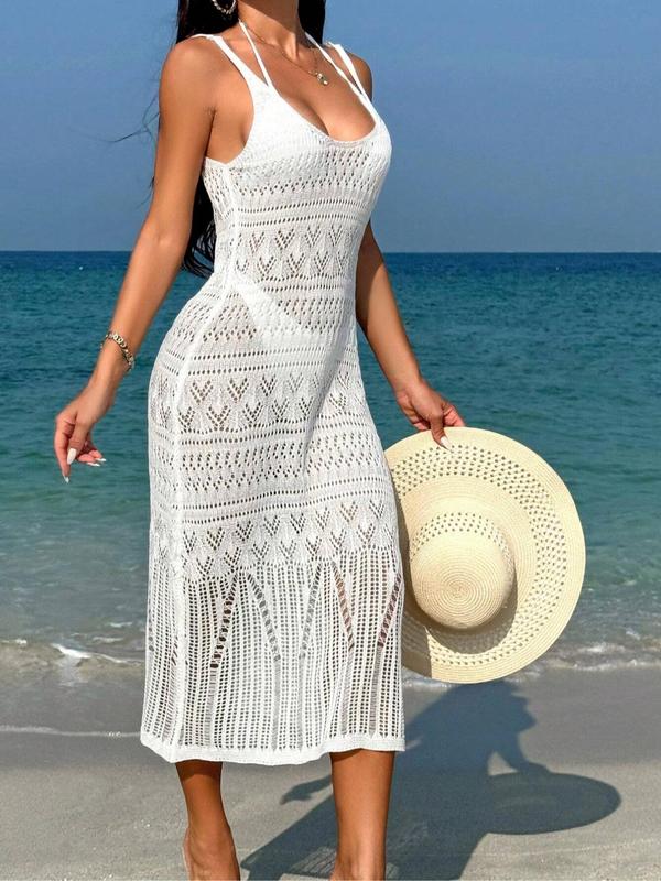 Women's Plain Backless Hollow Out Cover Up Dress, Casual Scoop Neck Long Dress for Summer Beach Holiday, Ladies Clothes