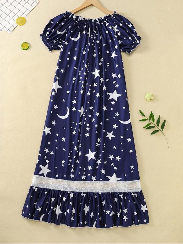 Women's All Over Galaxy Print Contrast Lace Ruffle Hem Nightdress, Casual Soft Comfortable Tie Front Puff Sleeve Nightgown for All Seasons, Ladies Sleepwear for Daily Wear