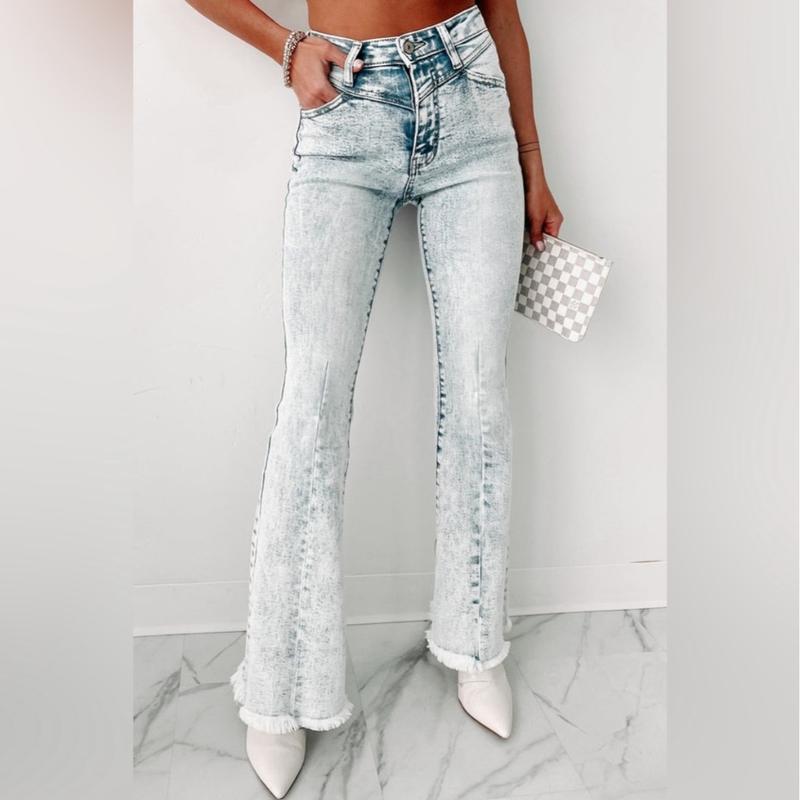 Kancan Acid Wash High Rise Flare Denim Jeans Womenswear Bottom Leg Spandex Button Chic Fashion Style Zipper Pants Streetwear Trouser Light