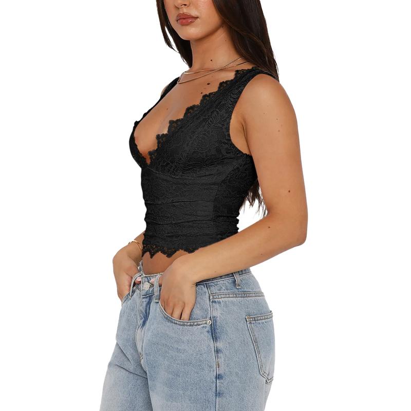 REORIA Womens Sexy V-Neck Sleeveless Double Lined Going Out Y2K Trendy Lace Cropped Tank Tops Womenswear Tube