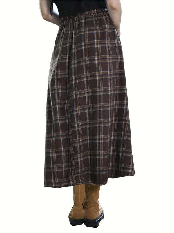 Women's Plaid Print Drawstring Waist Flared Skirt, Casual Fashion Elastic Waist Long Skirt for Daily Outdoor Wear, Women's Bottoms for Spring & Fall