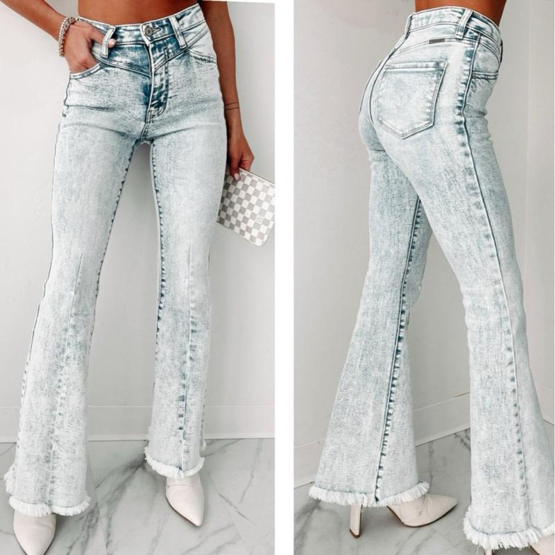 Kancan Acid Wash High Rise Flare Denim Jeans Womenswear Bottom Leg Spandex Button Chic Fashion Style Zipper Pants Streetwear Trouser Light