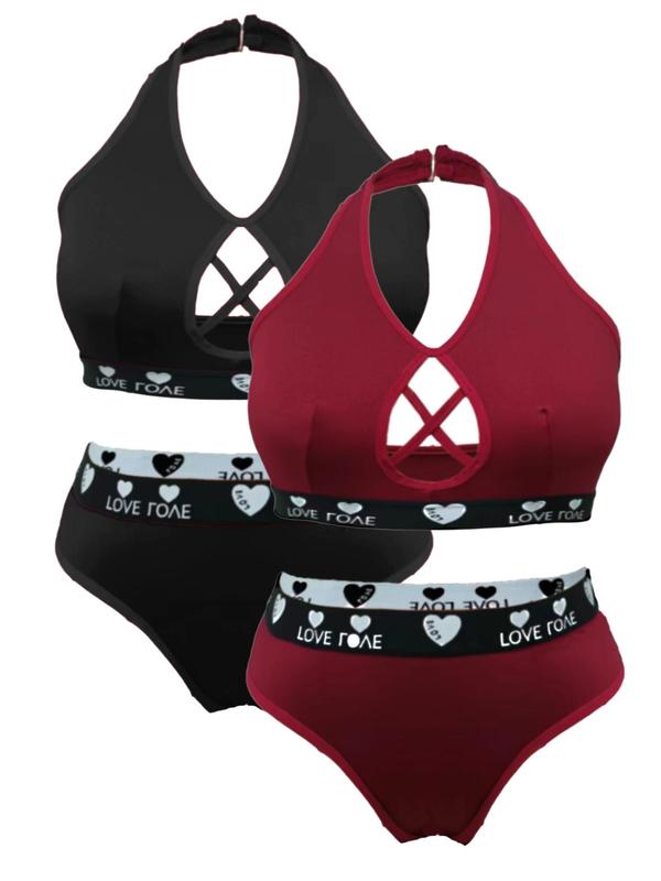  Women's Two-Piece Set Criss Cross Backless Halter Bra & Triangle Panty, Letter Tape Wireless Bra & Panty, Women's Underwear Set for All Seasons