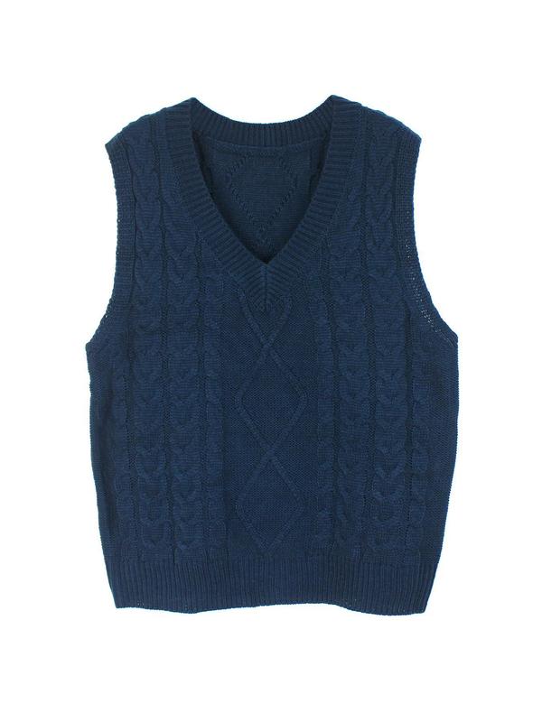 Women's Solid V Neck Cable Knit Vest Sweater, Casual Sleeveless Jumper Vest for Fall & Winter, Fashion Ladies' Knitwear for Daily Wear