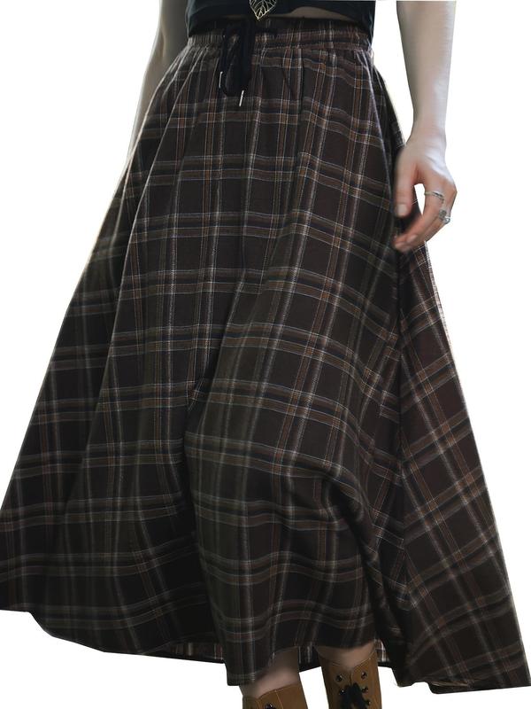 Women's Plaid Print Drawstring Waist Flared Skirt, Casual Fashion Elastic Waist Long Skirt for Daily Outdoor Wear, Women's Bottoms for Spring & Fall