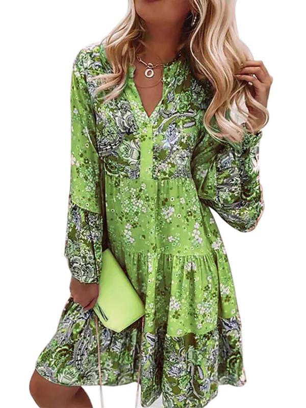 Floral & Paisley Print Notched Neck Ruffle Hem Dresses for Women, Boho Flounce Sleeve Short Dress for Spring & Fall, Women's Clothing, Ladies Clothes for Daily Wear, Dresses for Women, Wedding Guest Dress