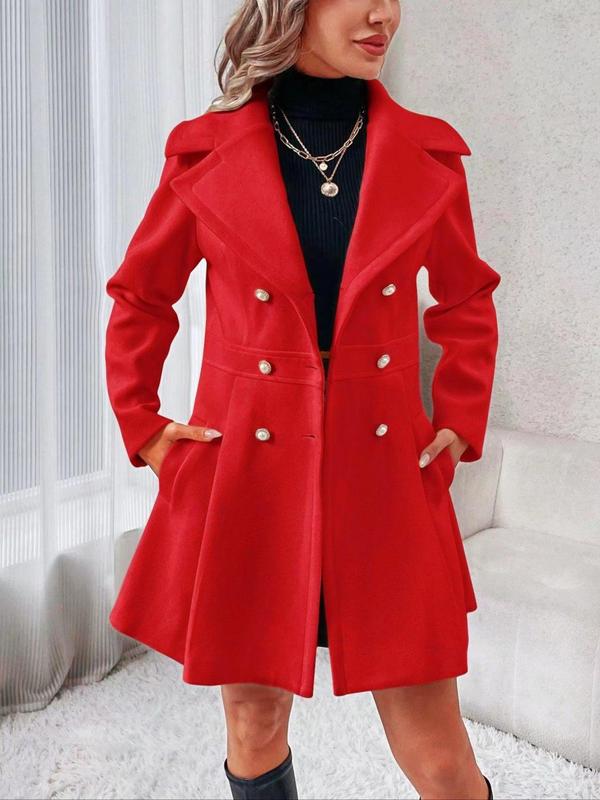 Women's Solid Double Button Lapel Trench Coat, Elegant Long Sleeve Pocket Coat for Daily Outdoor Wear, Ladies Clothes for All Seasons