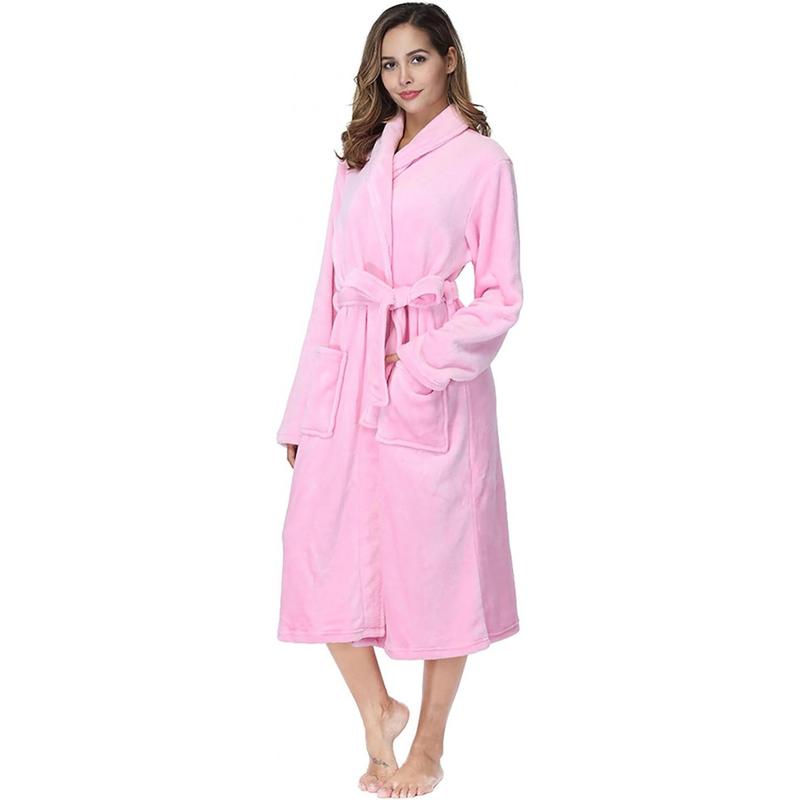 Womens Bathrobe Ladies Fleece Plush Warm Long Robes Fleece Nightgown Sleepwear Womenswear Loungewear