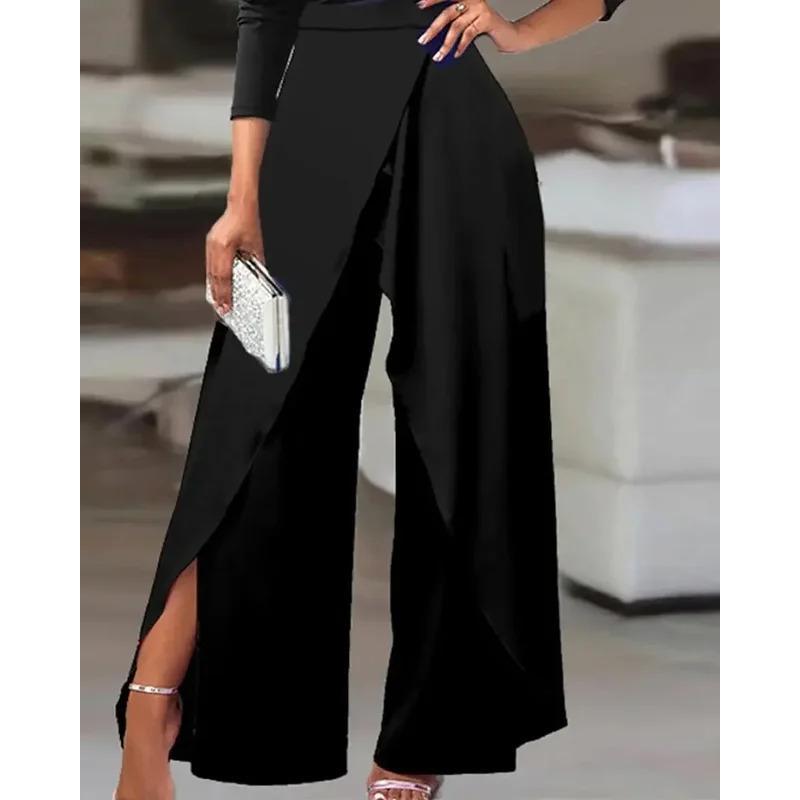 2023 Spring Jumpsuits for Women Plain Elegant Office Lady Loose Ruched One Shoulder Split Hem Wide Leg Jumpsuit Hip Overalls