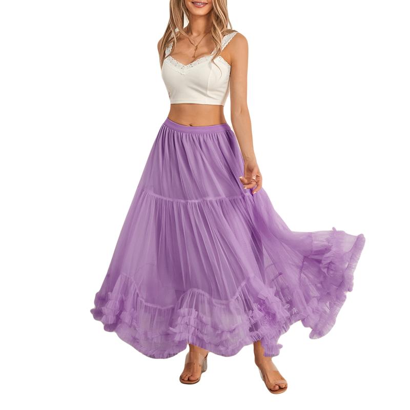 Women Layered Tulle Long Skirt US Ladies Fashion High Waist Solid Color Frill Trim Ruffle Midi Skirt