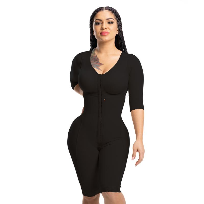 Short Sleeve Full Body Fajas Stretch Tummy Control Shapewear Colombianas Waist Trainer three-row buckle Bodysuits Butt Lifter Women's Solid Strapless Shapewear Bodysuit Mid Thigh Full Bodysuit