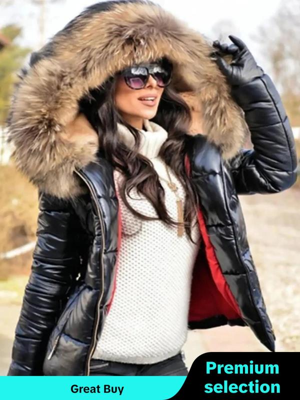 Women's Solid Zip Up Pocket Contrast Faux Fur Hooded Quilted Coat, Casual Long Sleeve Thermal Outerwear for Fall & Winter, Women's Clothing for Daily Wear