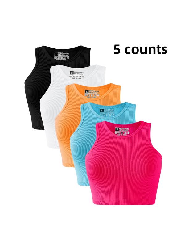 Women's Solid Ribbed Crop Tank Top,  Cute Crop Tops, Casual Sleeveless Round Neck Crop Top for Daily Wear, Ladies Clothes for All Seasons