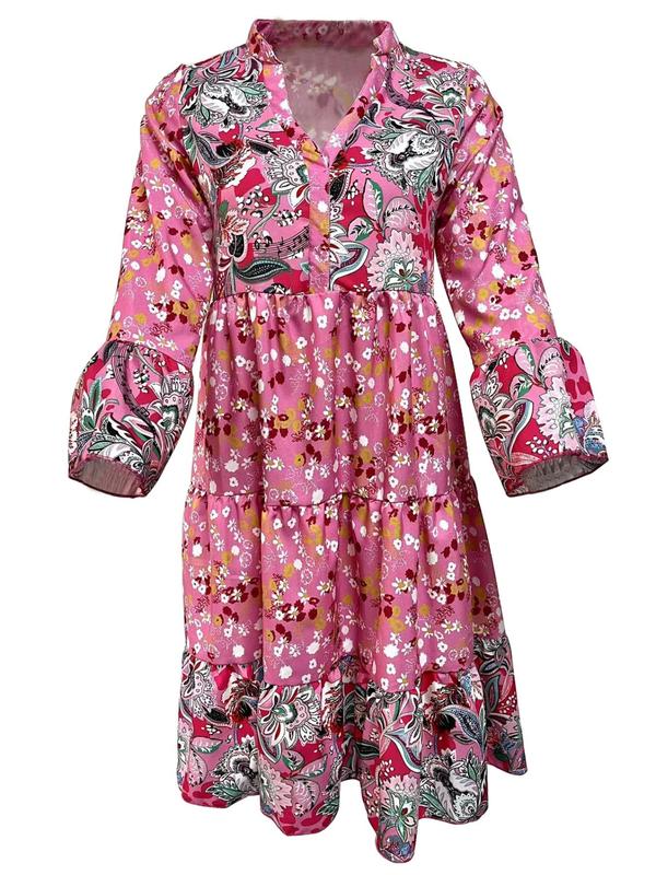 Floral & Paisley Print Notched Neck Ruffle Hem Dresses for Women, Boho Flounce Sleeve Short Dress for Spring & Fall, Women's Clothing, Ladies Clothes for Daily Wear, Dresses for Women, Wedding Guest Dress