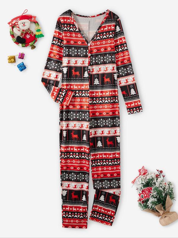 Women's Christmas Themed Print Button Front Lounge Jumpsuit, Casual Comfy Long Sleeve V Neck Jumpsuit, Ladies Sleepwear for Fall & Winter