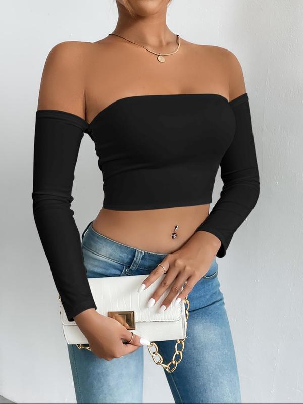 Women's Solid Off Shoulder Long Sleeve Crop Tee, Going Out Tops, Summer Clothes, Casual Tight Top for Spring & Fall, Clubbing Outfits, Lady Clothes for Daily Wear Downtown Girl Clothes