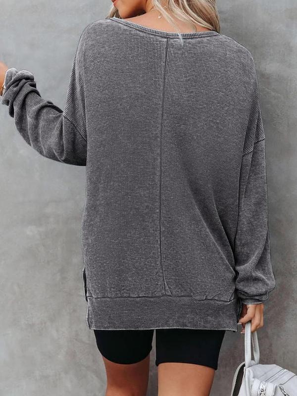 Women's Plain Split Hem Waffle Knit Sweatshirt, Casual Drop Shoulder Long Sleeve Pullover for Fall & Winter, Women's Clothing for Daily Wear