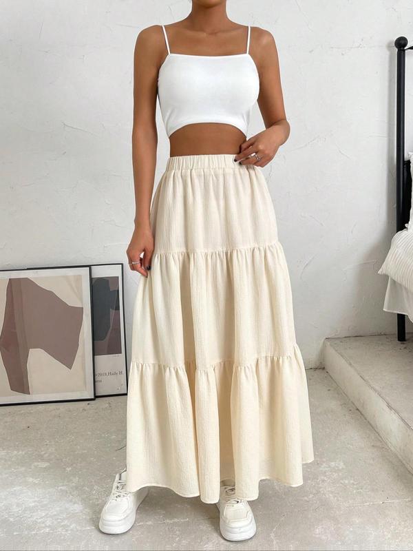 Women's Plain Ruffle Hem Tiered Layer A Line Skirt, Casual High Waist Long Skirt for Daily Wear, Ladies Bottoms for All Seasons