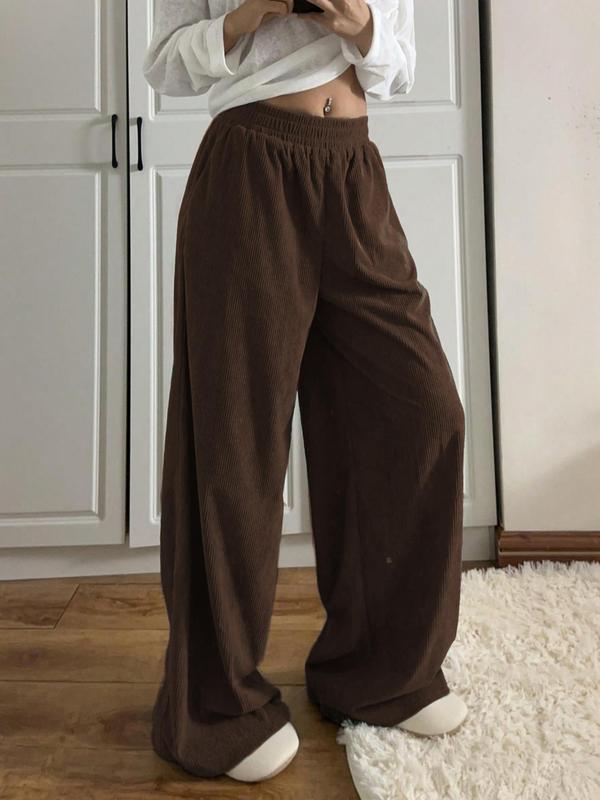 Women's Solid Pocket Wide Leg Corduroy Pants, Casual Comfy Trousers for Daily Wear, Ladies Bottoms for Fall & Winter