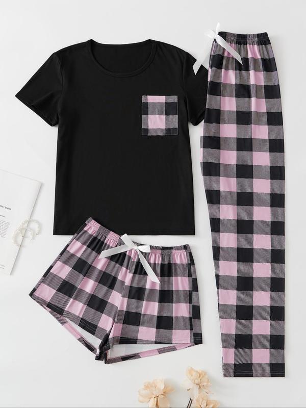 Women's Plaid Print Tee & Bow Front Shorts & Elastic Waist Pants Pyjama Set, Summer Clothes Women, Casual Lounge Set for Daily Wear, PJ Sets for Women, Summer Wear 2024, Homewear & Loungewear for Women