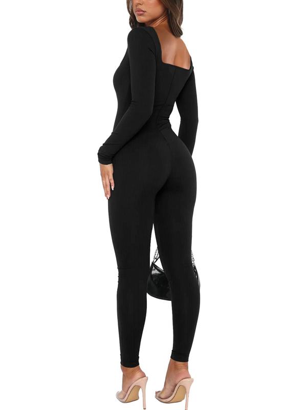 Women's Solid Ribbed Square Neck Sports Jumpsuits , Casual Sporty Comfy Breathable Long Sleeve Jumpsuits  for Yoga Gym Workout, Ladies Sportswear for All Seasons