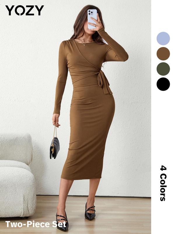 YOZY Christmas Deals, [size 4-14] Solid Ribbed Knot Side Top & High Waist Split Hem Skirt Set, Casual Long Sleeve Round Neck Top & Midi Skirt, 2024 Women's Spring & Fall Outfits for Daily Wear, [S-XXL], Christmas 2024 Trend, Fall & Winter Outfits