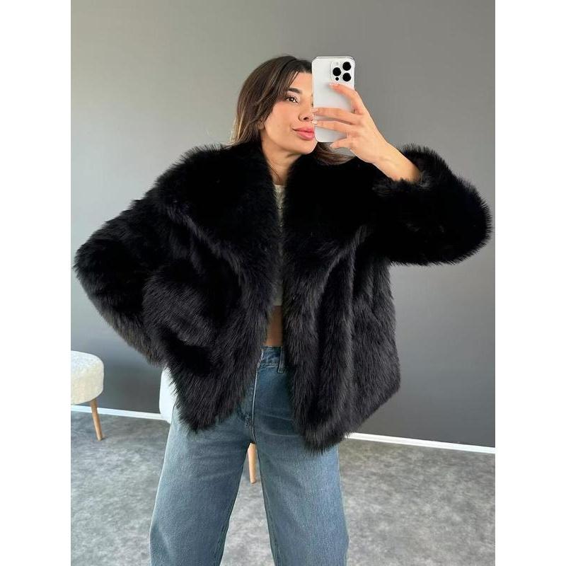 Women's Solid Color Faux Fur Fuzzy Jacket, Casual Long Sleeve Collared Fuzzy Coat for Fall & Winter, Women's Clothing for Daily Wear Womenswear Tops