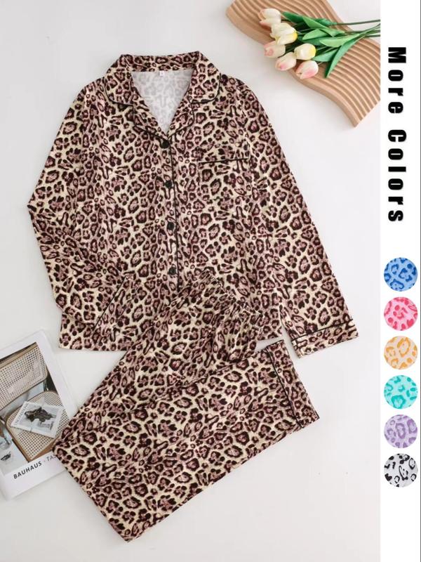 Women's Leopard Print Button Front Pocket Lapel Shirt & Elastic Waist Pants Pyjama Two-piece Set, Casual Comfy Pocket Long Sleeve Top & Trousers Pj Set, Pajama Sets Women, Women's Sleepwear for Spring & Fall