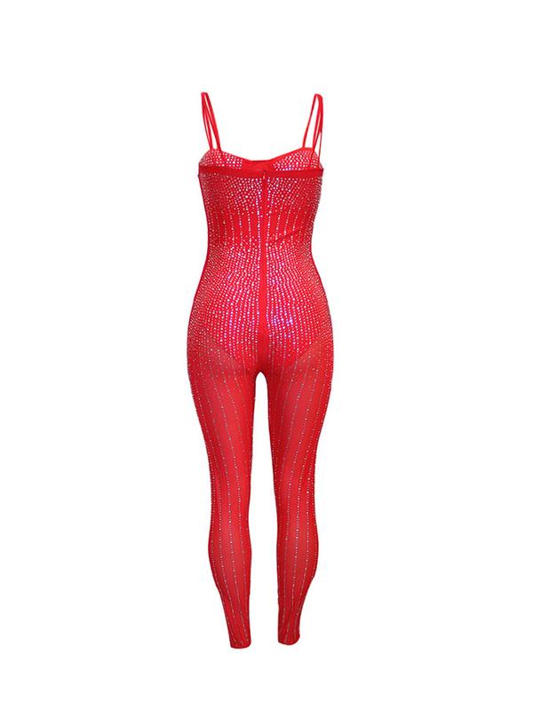 Women's Rhinestone Decor Backless Cami Jumpsuit, Summer Clothes Women, Solid Spaghetti Strap High Waist Skinny Jumpsuit for Party Club Dating Wear, Women's Clothing for Summer