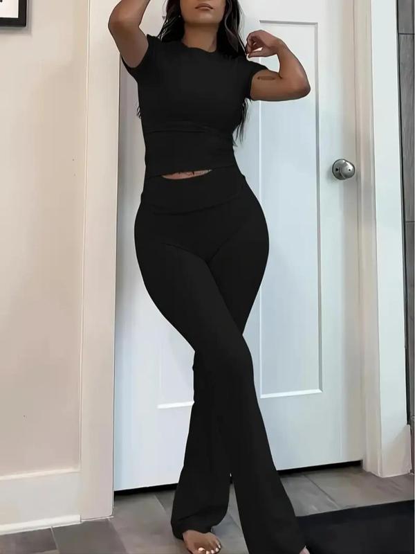 Women's Solid Loungewear Set, Casual Short Sleeve Crop Top & High Waist Flare Leg Pants, Ladies Sleepwear for All Seasons, Back-to-school Clothing, Pajama Set, Summer Sets, Summer Wear 2024, Homewear, Black Girl Wear