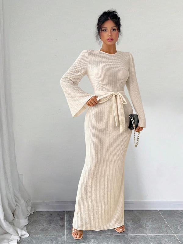 Women's Solid Color Belted Flounce Sleeve Bodycon Dress, Minimalist Long Sleeve Round Neck Maxi Dress for Party Holiday Wedding Guest, Ladies Spring & Fall Clothes,  Girl Clothes