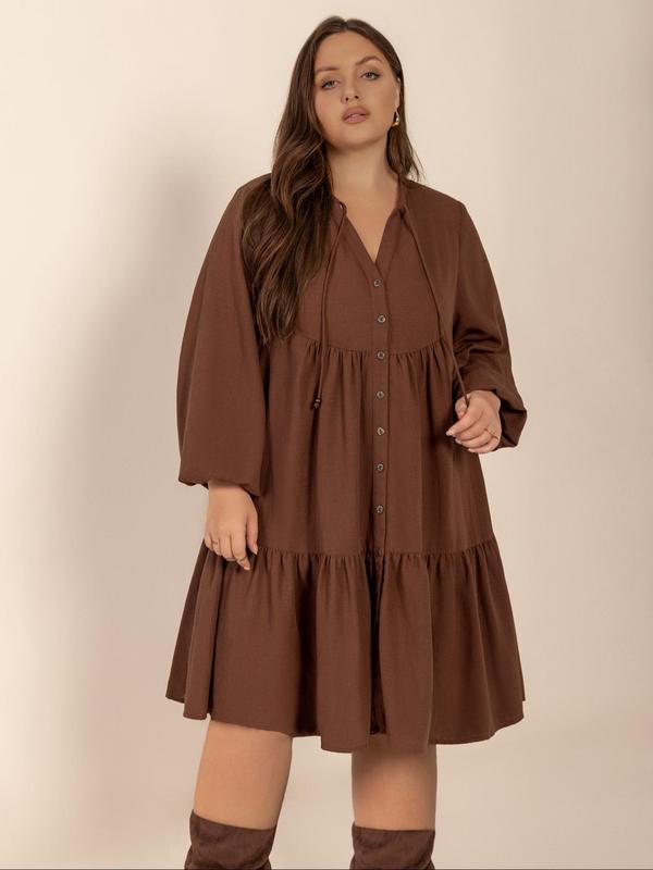  Solid Color Button Front Ruffle Hem Tie Neck Dress, Casual Fashion Bishop Sleeve Dress for Daily Outdoor Wear, Women Clothing for Fall & Winter Long Sleeve