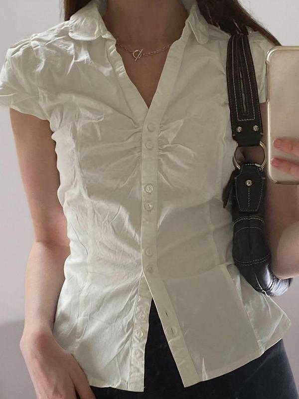 Women's Plain Button Front Shirt, Casual Ruched Tie Back Tops for Women, Ladies Clothes for All Seasons, Holiday Outfits, Comfort Womenswear, Lady Blouse, Downtown Girl Clothes, Preppy 80s Clothes