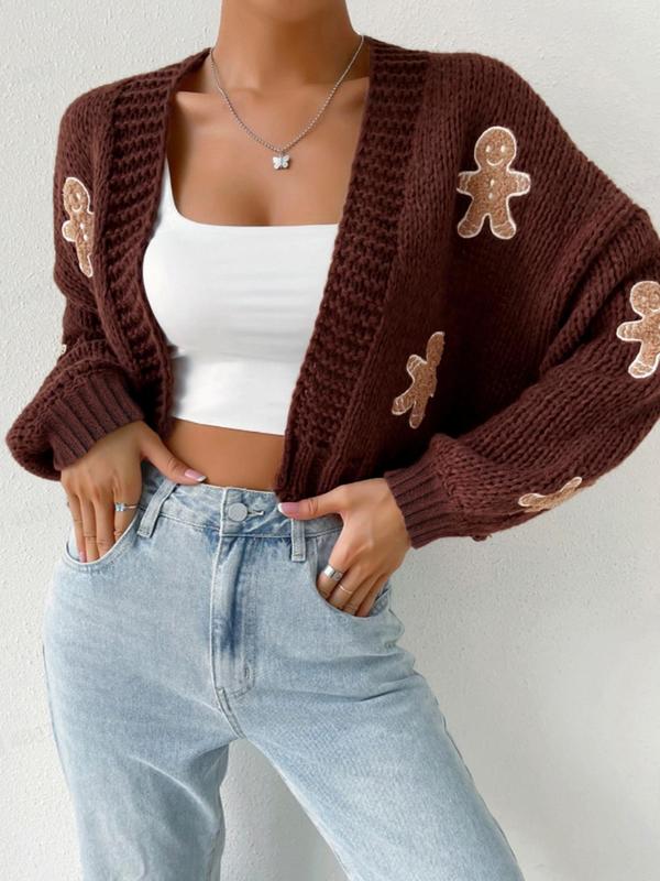 Women's Cartoon Print Drop Shoulder Cardigan, Casual Long Sleeve Open Front Knitwear for Fall, Fall Clothes, Women's Knit Clothing for Daily Wear, Going Out Outfits