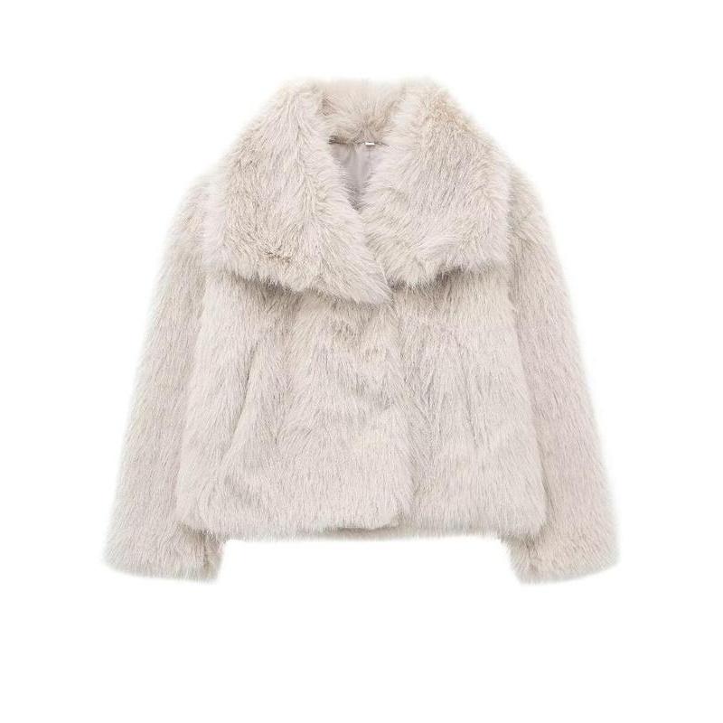 Women's Solid Color Faux Fur Fuzzy Jacket, Casual Long Sleeve Collared Fuzzy Coat for Fall & Winter, Women's Clothing for Daily Wear Womenswear Tops