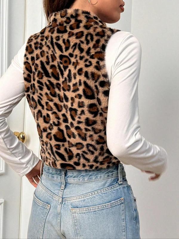 Women's Leopard Zip Up Crop Plush Vest Jacket, Casual Fashion Sleeveless Outerwear for Daily Outdoor Wear, Women Clothing for Fall & Winter