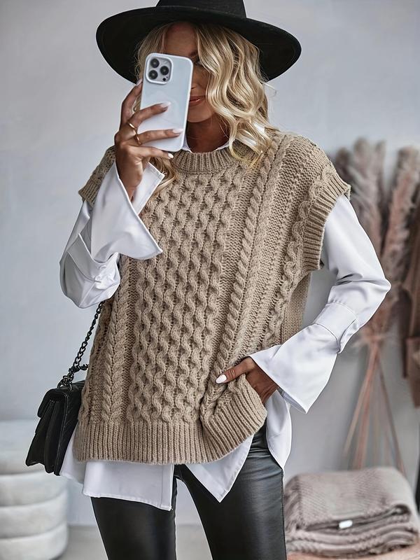 Women's Plain Sweater Vest, Casual Sleeveless Round Neck Jumper Vest for Fall & Winter, Women's Knitwear for Daily Wear