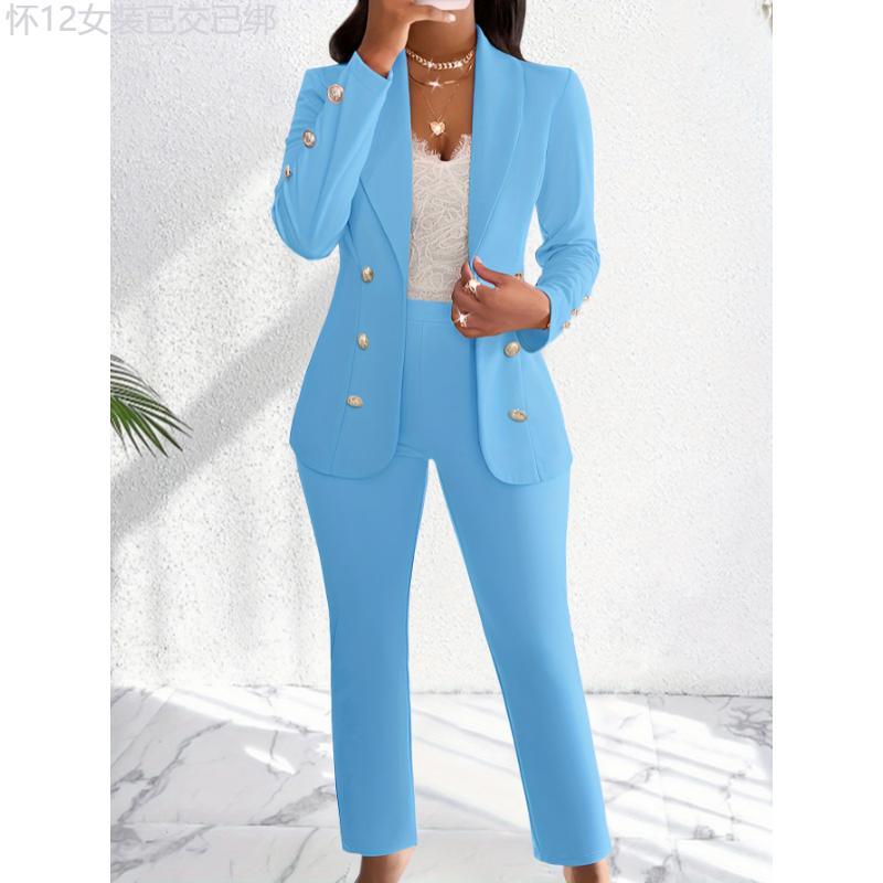 Elegant Solid Color Pants Set, Double Breasted Shawl Collar Slim Blazer & High Waist Straight Leg Pants For Office & Work, Women's Clothing Fabric Fit