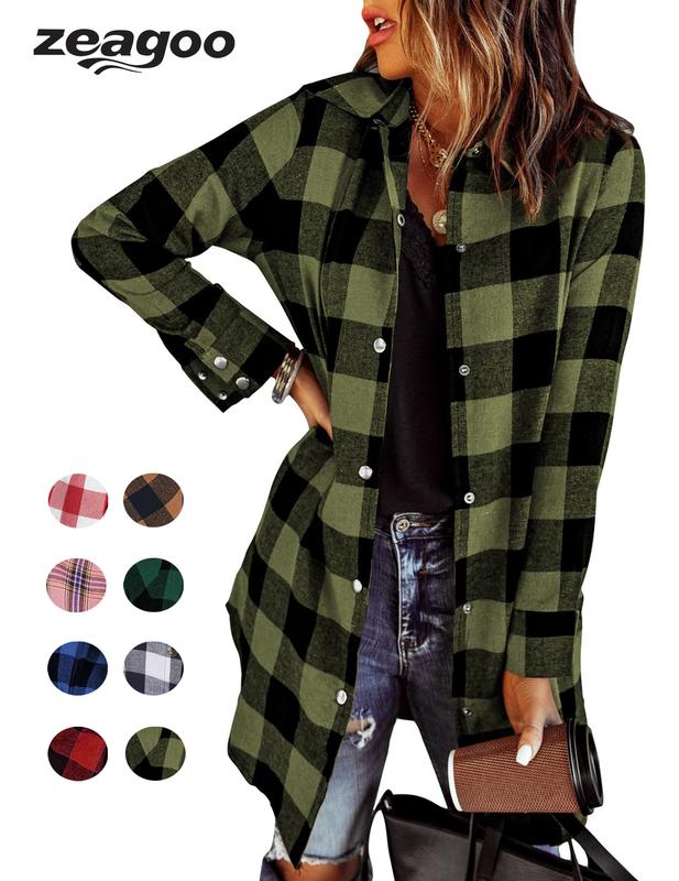 ZEAGOO Black Friday Flannel for Women 2024 Fashion Long Sleeve Plaid Button Down Shirts Shacket Blouse Top with Pockets jacket Casual Collar S-XXL