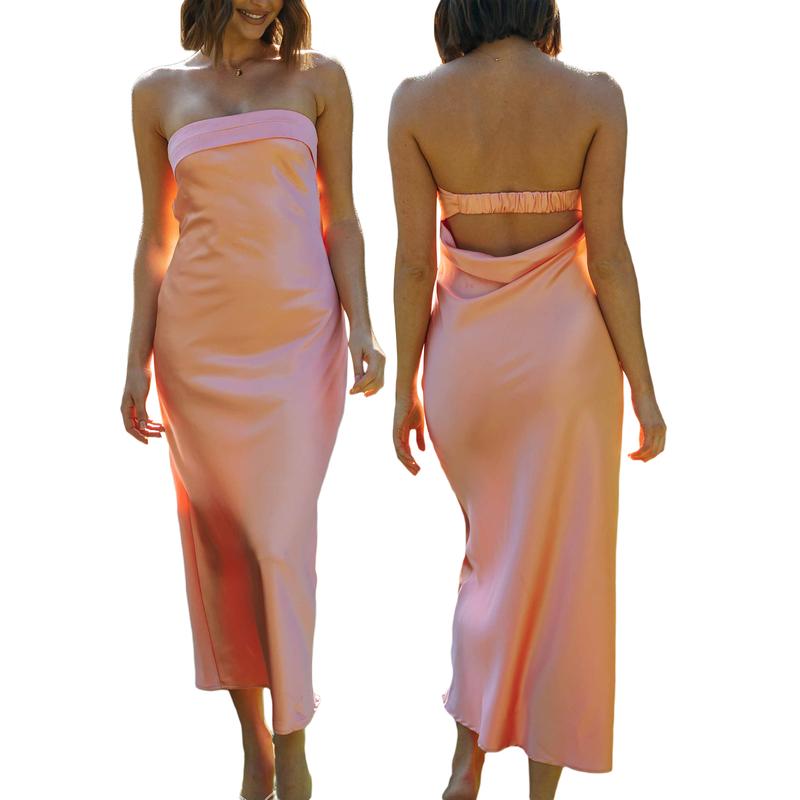 Tube Dresses for Women Satin Off-Shoulder Tie Back Bandeau Bodycon Dress Summer Y2k Pencil Long Maxi Dresses