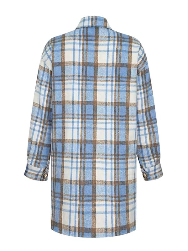 Women's Plaid Print Button Front Drop Shoulder Coat, Casual Long Sleeve Collared Outerwear for Fall & Winter, Ladies Clothes for Daily Wear