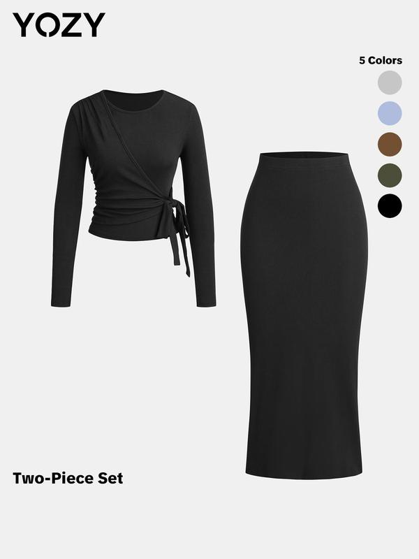 YOZY Christmas Deals, [size 4-14] Solid Ribbed Knot Side Top & High Waist Split Hem Skirt Set, Casual Long Sleeve Round Neck Top & Midi Skirt, 2024 Women's Spring & Fall Outfits for Daily Wear, [S-XXL], Christmas 2024 Trend, Fall & Winter Outfits